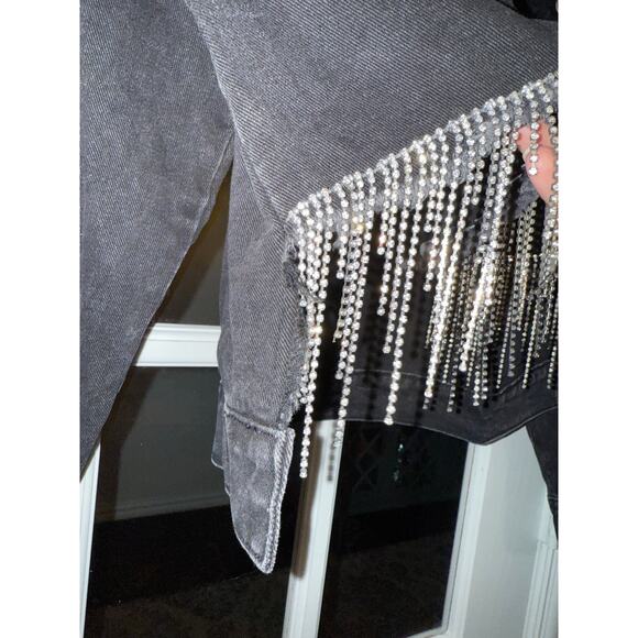 Savanna Jane rhinestone fringe crop front denim jacket black medium western NWT - Picture 5 of 12